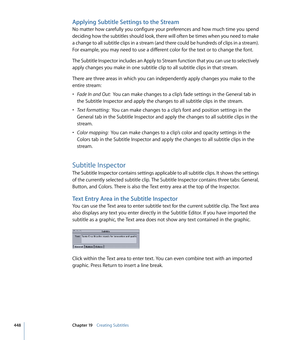 Applying subtitle settings to the stream, Subtitle inspector, Text entry area in the subtitle inspector | Apple DVD Studio Pro 4 User Manual | Page 448 / 656