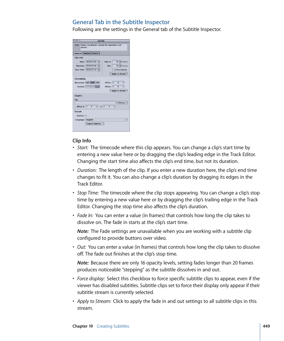 General tab in the subtitle inspector | Apple DVD Studio Pro 4 User Manual | Page 449 / 656