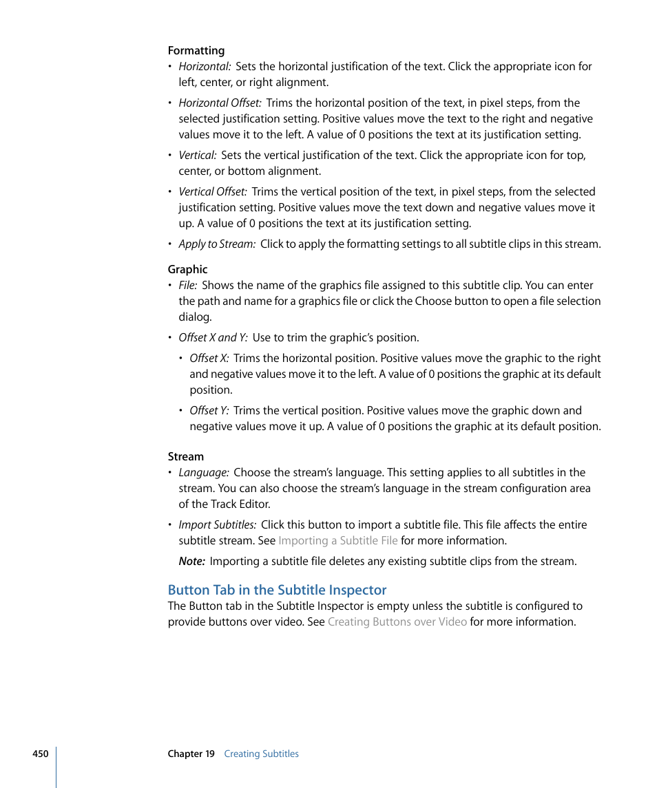 Button tab in the subtitle inspector | Apple DVD Studio Pro 4 User Manual | Page 450 / 656