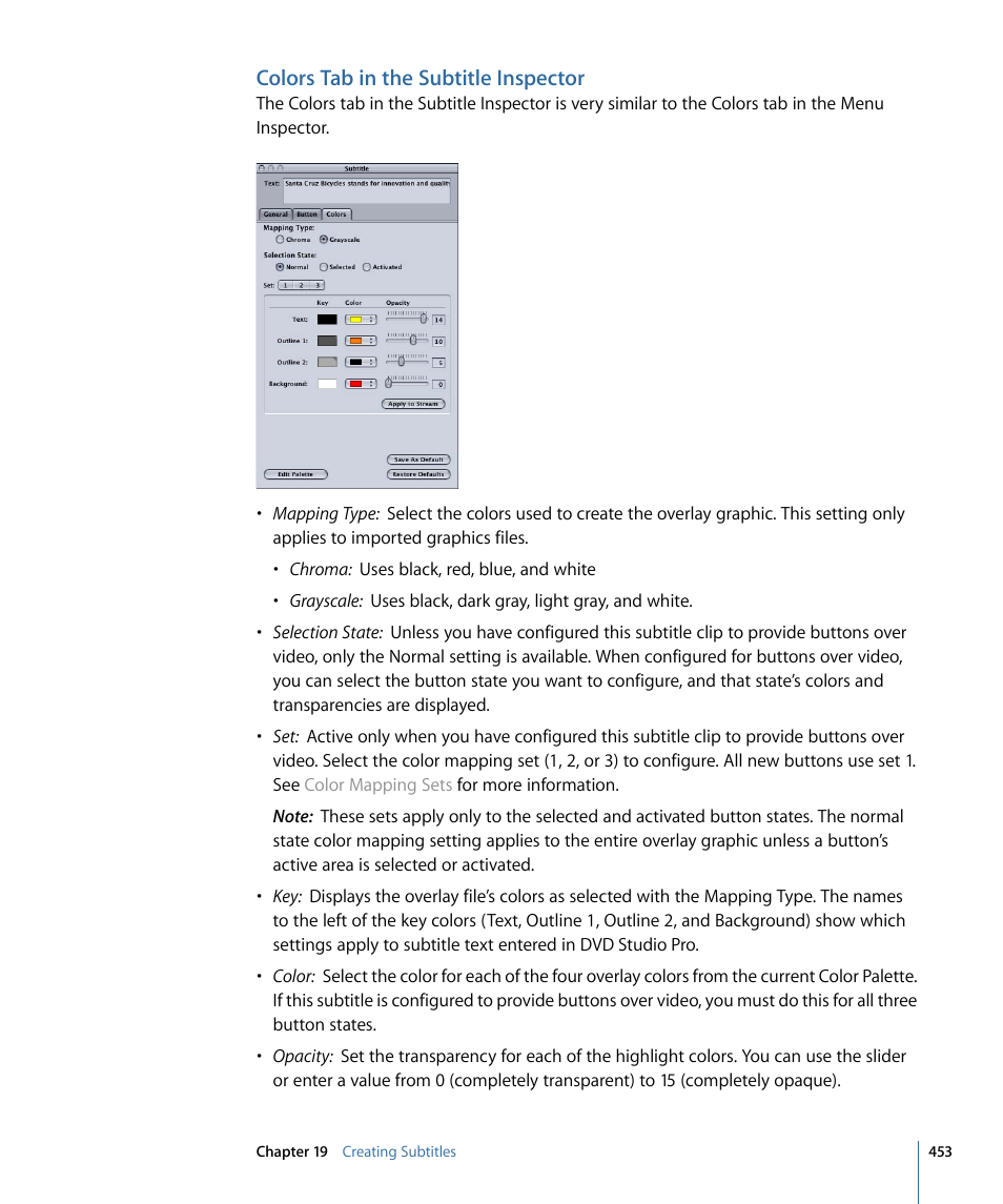 Colors tab in the subtitle inspector | Apple DVD Studio Pro 4 User Manual | Page 453 / 656