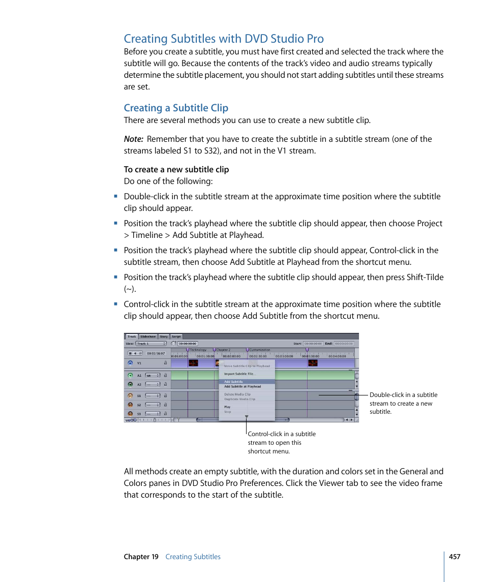 Creating subtitles with dvd studio pro, Creating a subtitle clip | Apple DVD Studio Pro 4 User Manual | Page 457 / 656