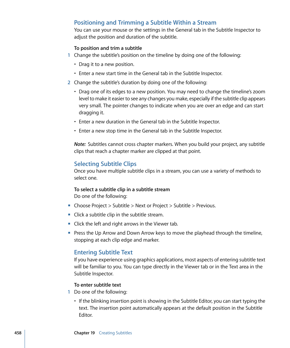 Selecting subtitle clips, Entering subtitle text | Apple DVD Studio Pro 4 User Manual | Page 458 / 656