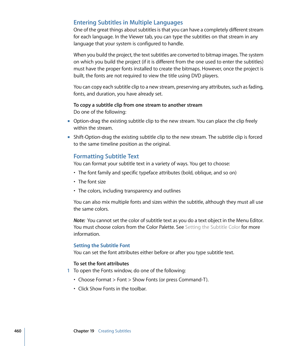 Entering subtitles in multiple languages, Formatting subtitle text, Setting the subtitle font | Apple DVD Studio Pro 4 User Manual | Page 460 / 656