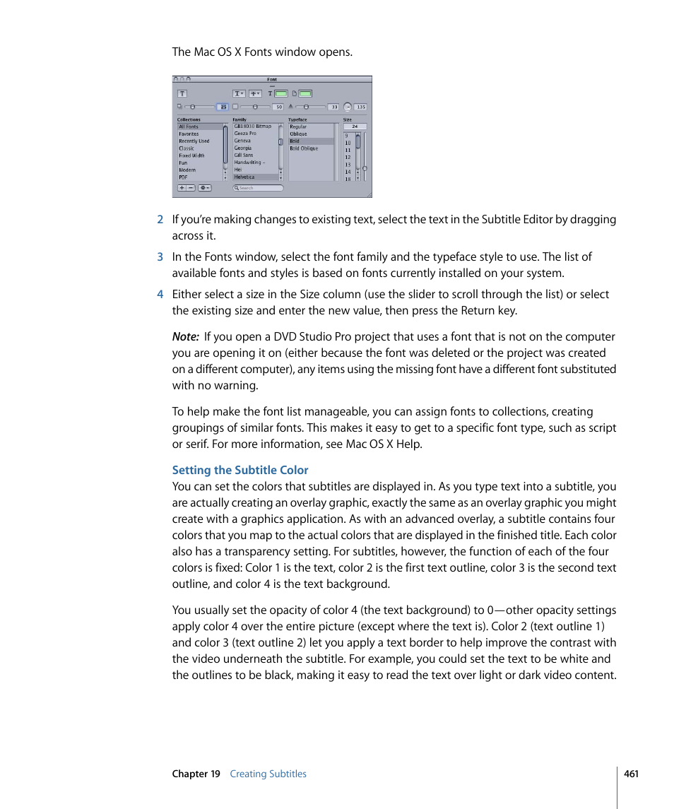 Setting the subtitle color, Setting the subtitle, Color | Apple DVD Studio Pro 4 User Manual | Page 461 / 656