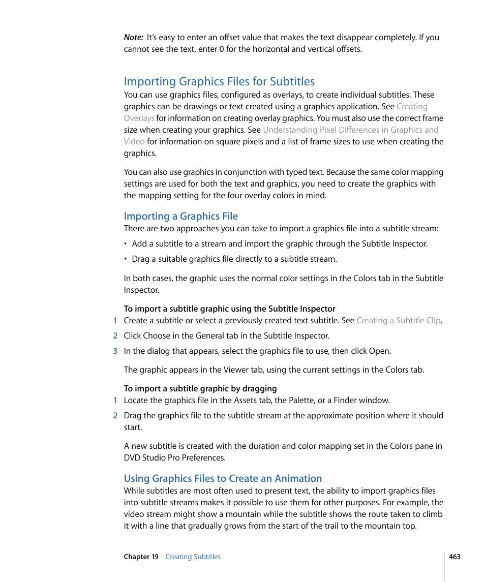 Importing graphics files for subtitles, Importing a graphics file, Using graphics files to create an animation | Importing a, Graphics file | Apple DVD Studio Pro 4 User Manual | Page 463 / 656