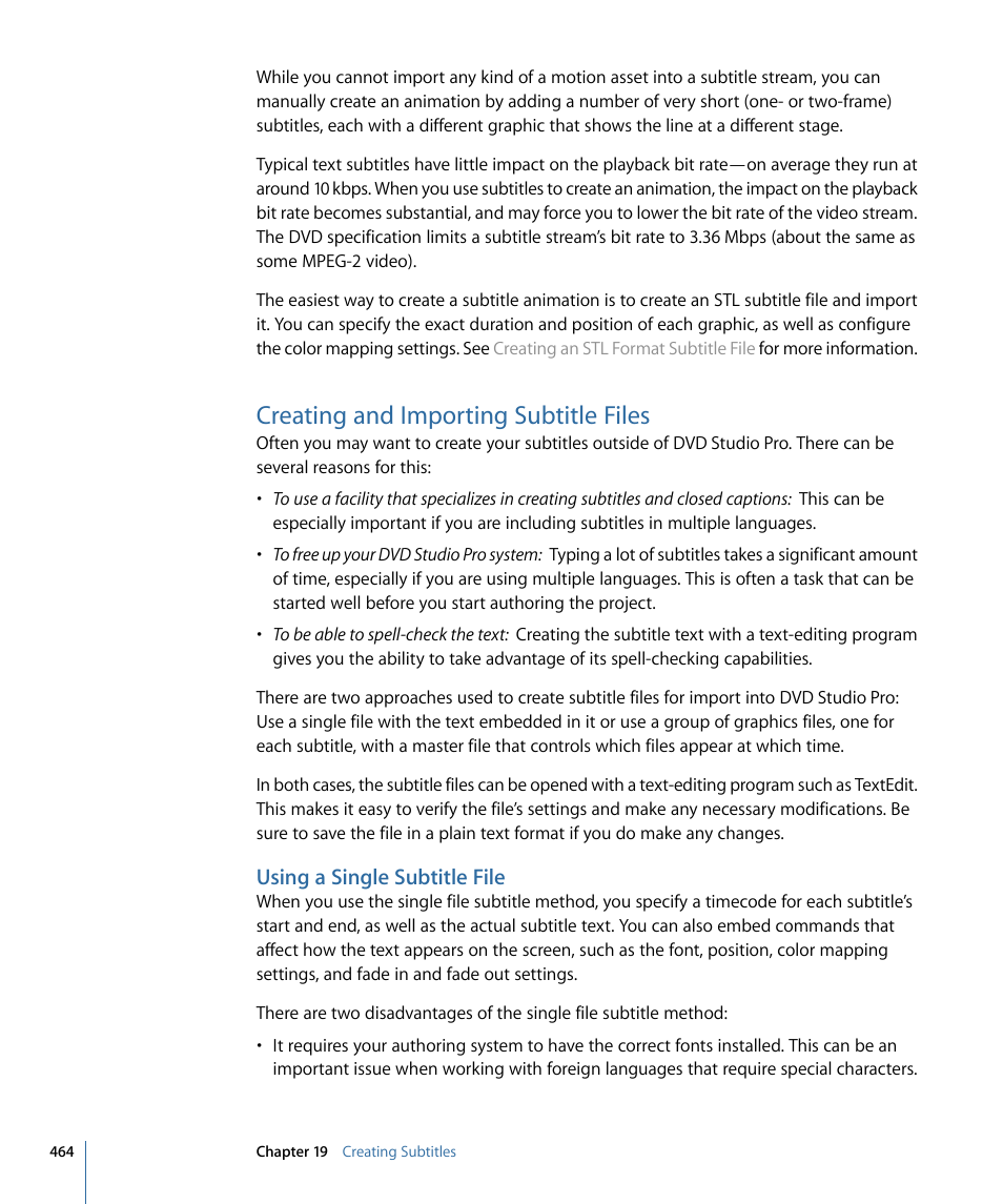 Creating and importing subtitle files, Using a single subtitle file | Apple DVD Studio Pro 4 User Manual | Page 464 / 656