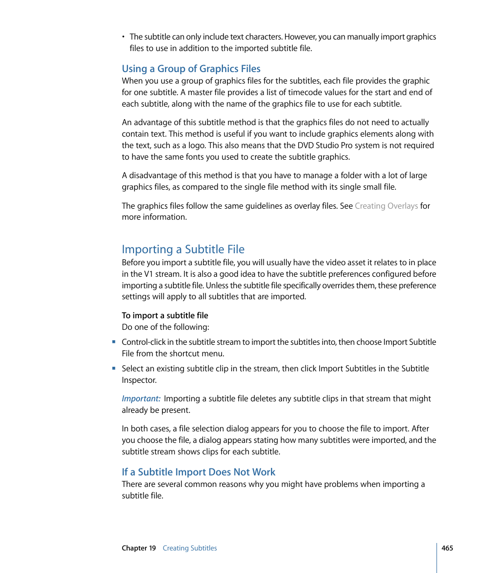 Using a group of graphics files, Importing a subtitle file, If a subtitle import does not work | Apple DVD Studio Pro 4 User Manual | Page 465 / 656