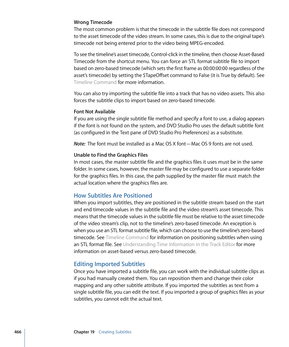 How subtitles are positioned, Editing imported subtitles | Apple DVD Studio Pro 4 User Manual | Page 466 / 656