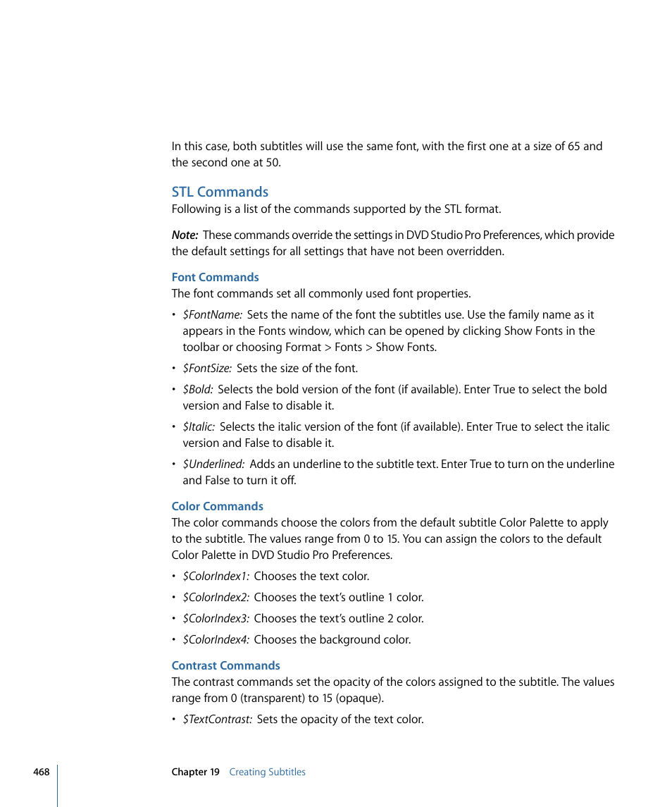 Stl commands, Font commands, Color commands | Contrast commands | Apple DVD Studio Pro 4 User Manual | Page 468 / 656