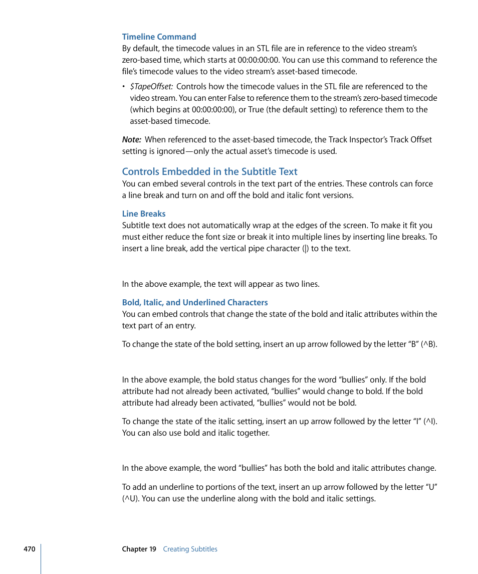 Timeline command, Controls embedded in the subtitle text, Line breaks | Bold, italic, and underlined characters | Apple DVD Studio Pro 4 User Manual | Page 470 / 656