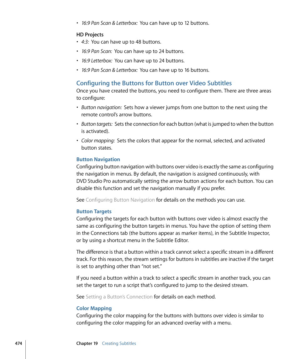 Button navigation, Button targets, Color mapping | Apple DVD Studio Pro 4 User Manual | Page 474 / 656
