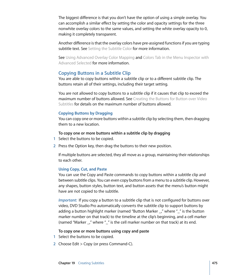 Copying buttons in a subtitle clip, Copying buttons by dragging, Using copy, cut, and paste | Apple DVD Studio Pro 4 User Manual | Page 475 / 656