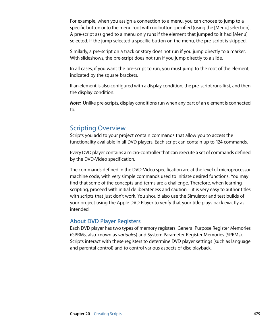 Scripting overview, About dvd player registers | Apple DVD Studio Pro 4 User Manual | Page 479 / 656