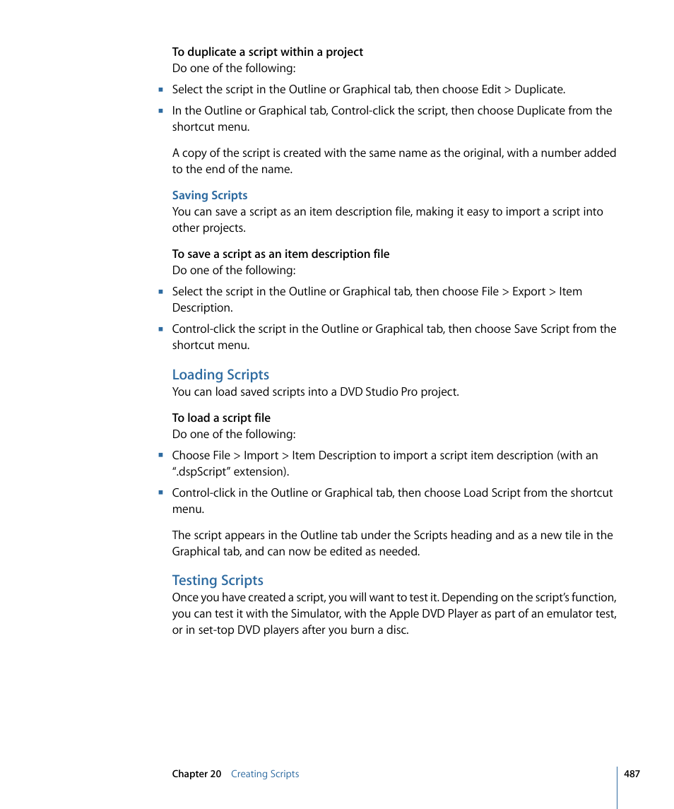 Saving scripts, Loading scripts, Testing scripts | Apple DVD Studio Pro 4 User Manual | Page 487 / 656