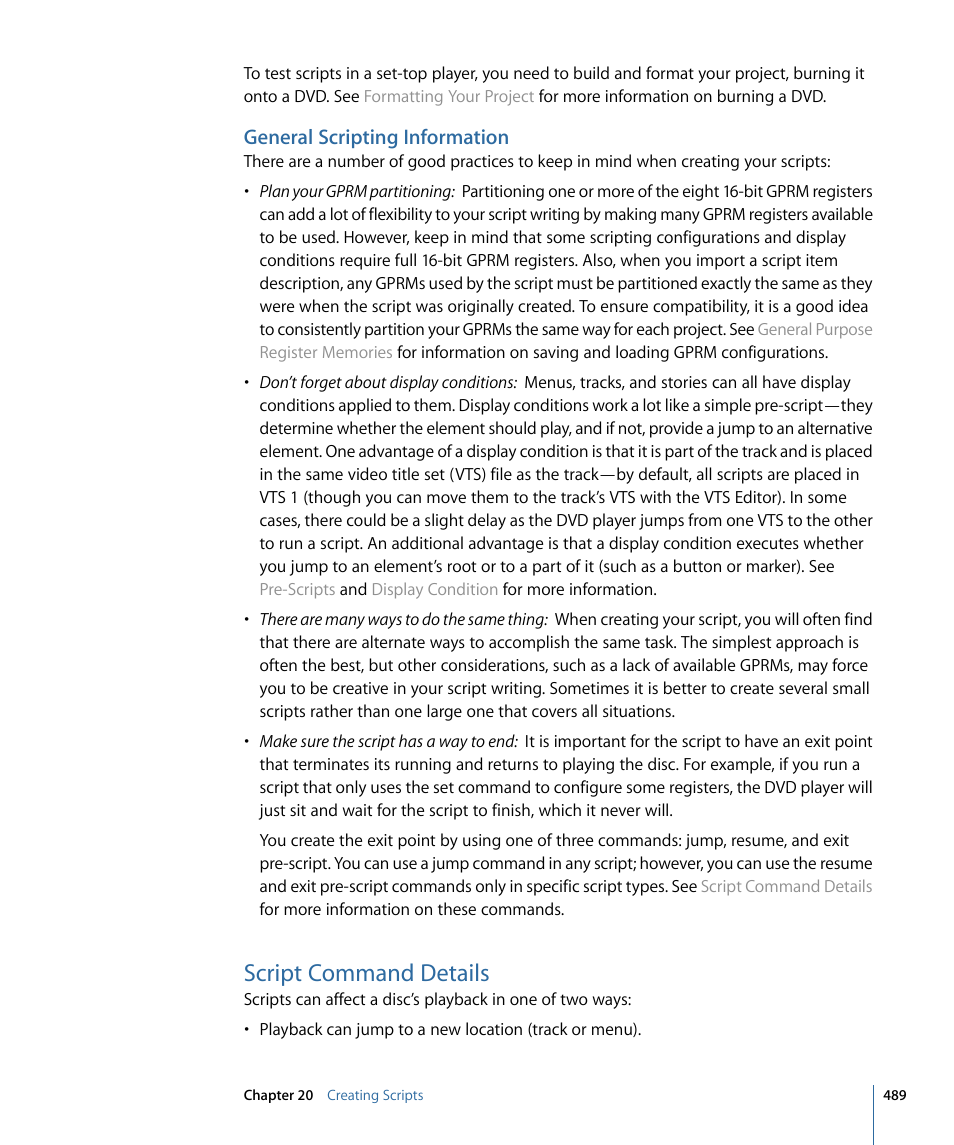 General scripting information, Script command details | Apple DVD Studio Pro 4 User Manual | Page 489 / 656
