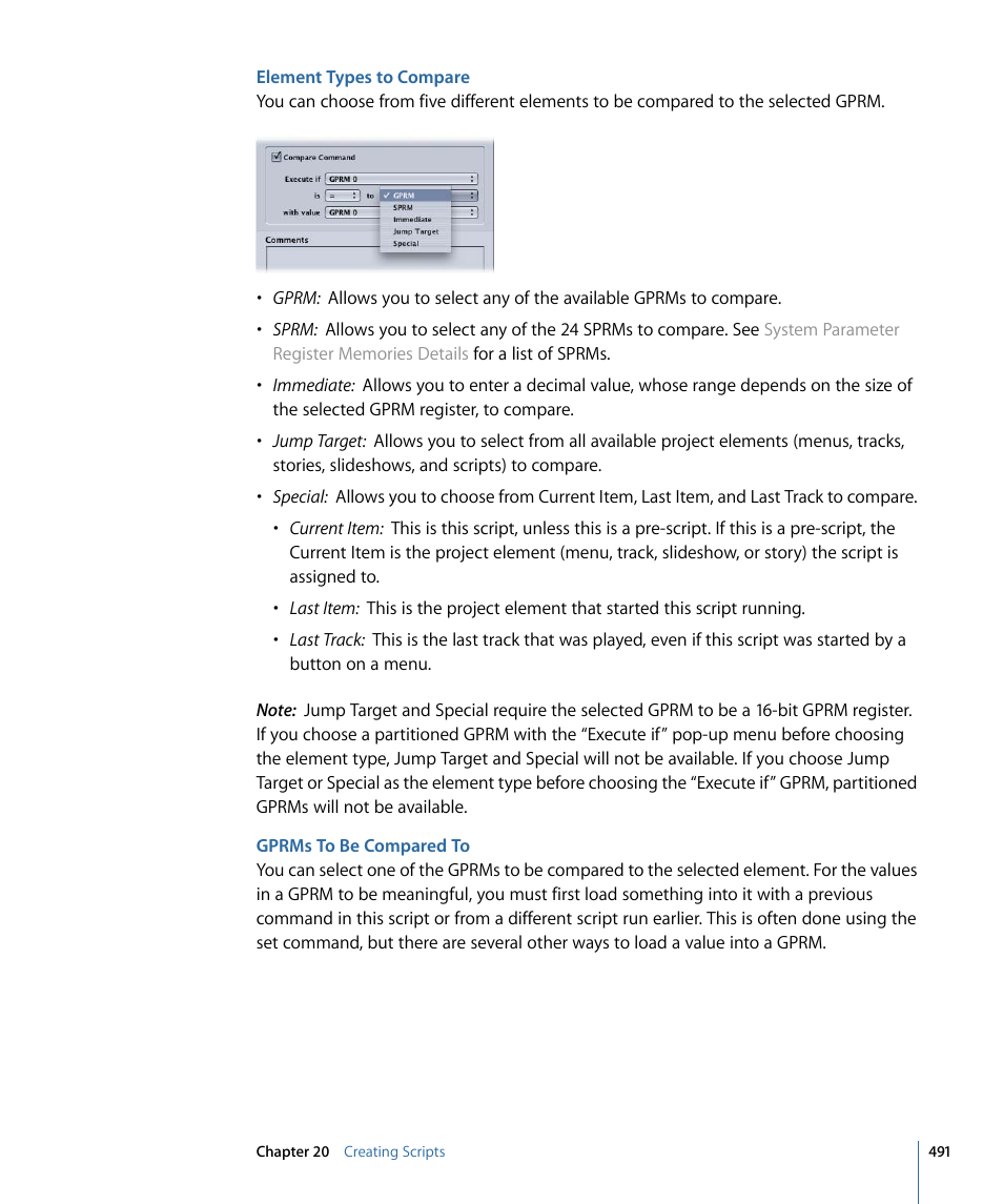 Element types to compare, Gprms to be compared to | Apple DVD Studio Pro 4 User Manual | Page 491 / 656
