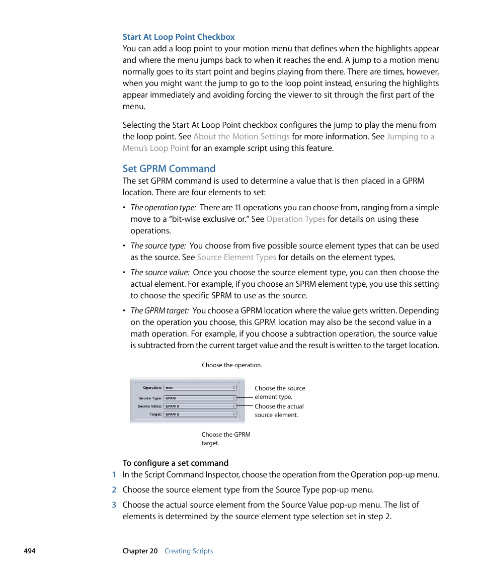 Start at loop point checkbox, Set gprm command, Start at loop point | Checkbox | Apple DVD Studio Pro 4 User Manual | Page 494 / 656
