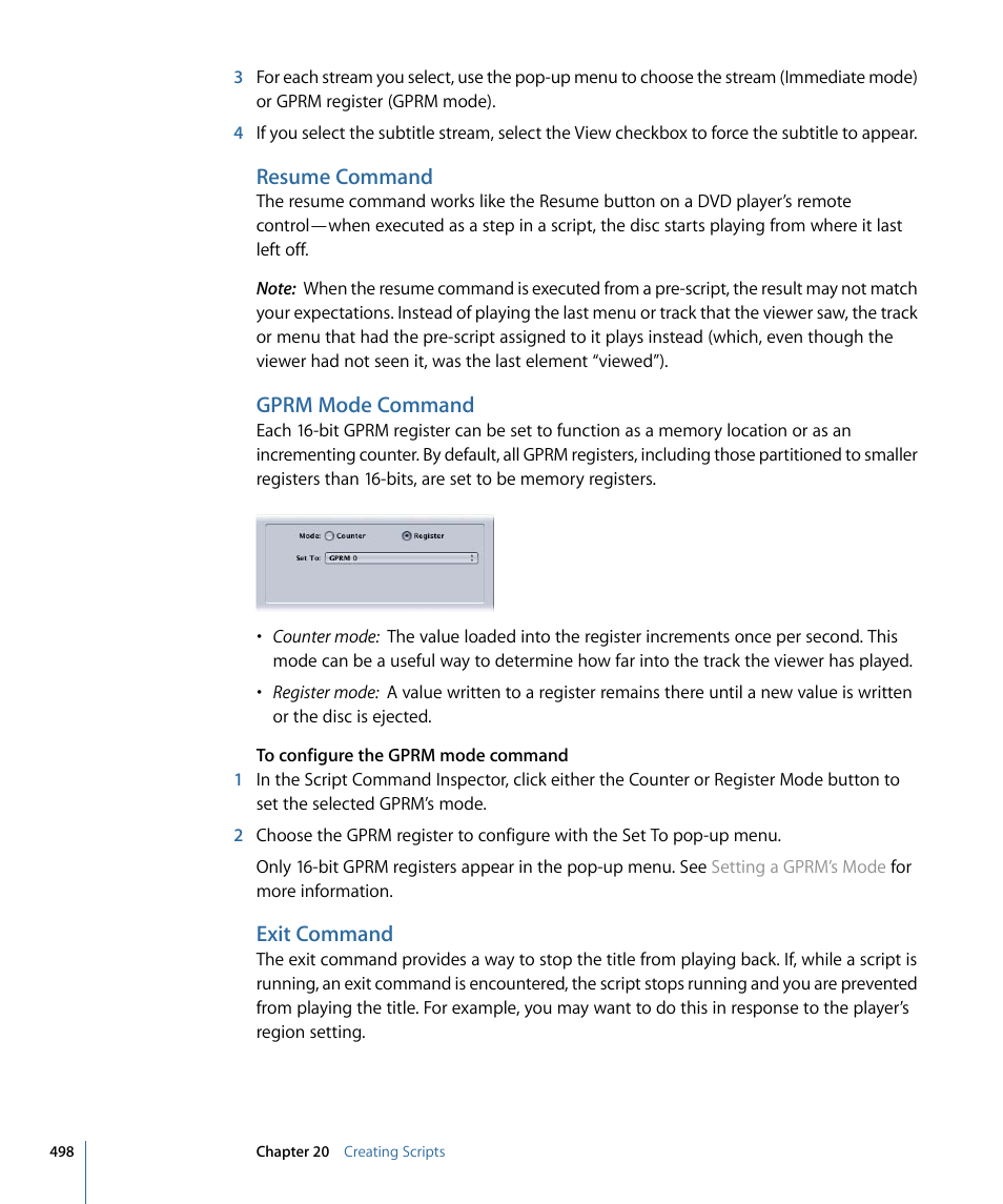 Resume command, Gprm mode command, Exit command | Apple DVD Studio Pro 4 User Manual | Page 498 / 656
