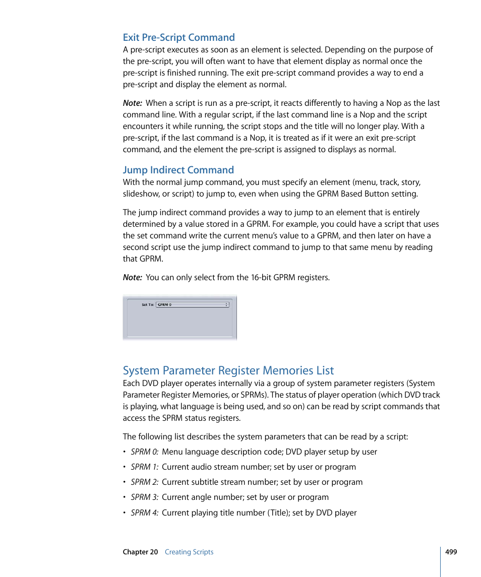 Exit pre-script command, Jump indirect command, System parameter register memories list | Apple DVD Studio Pro 4 User Manual | Page 499 / 656