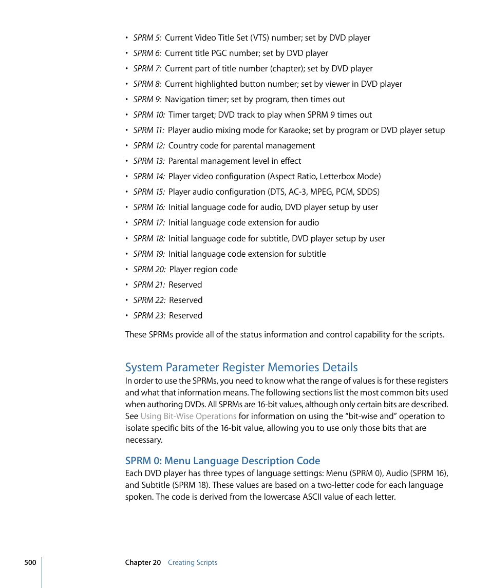 System parameter register memories details, Sprm 0: menu language description code | Apple DVD Studio Pro 4 User Manual | Page 500 / 656