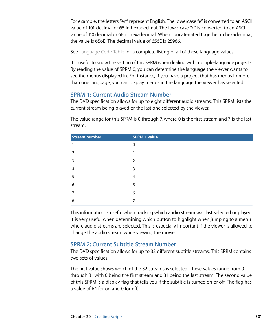 Sprm 1: current audio stream number, Sprm 2: current subtitle stream number | Apple DVD Studio Pro 4 User Manual | Page 501 / 656
