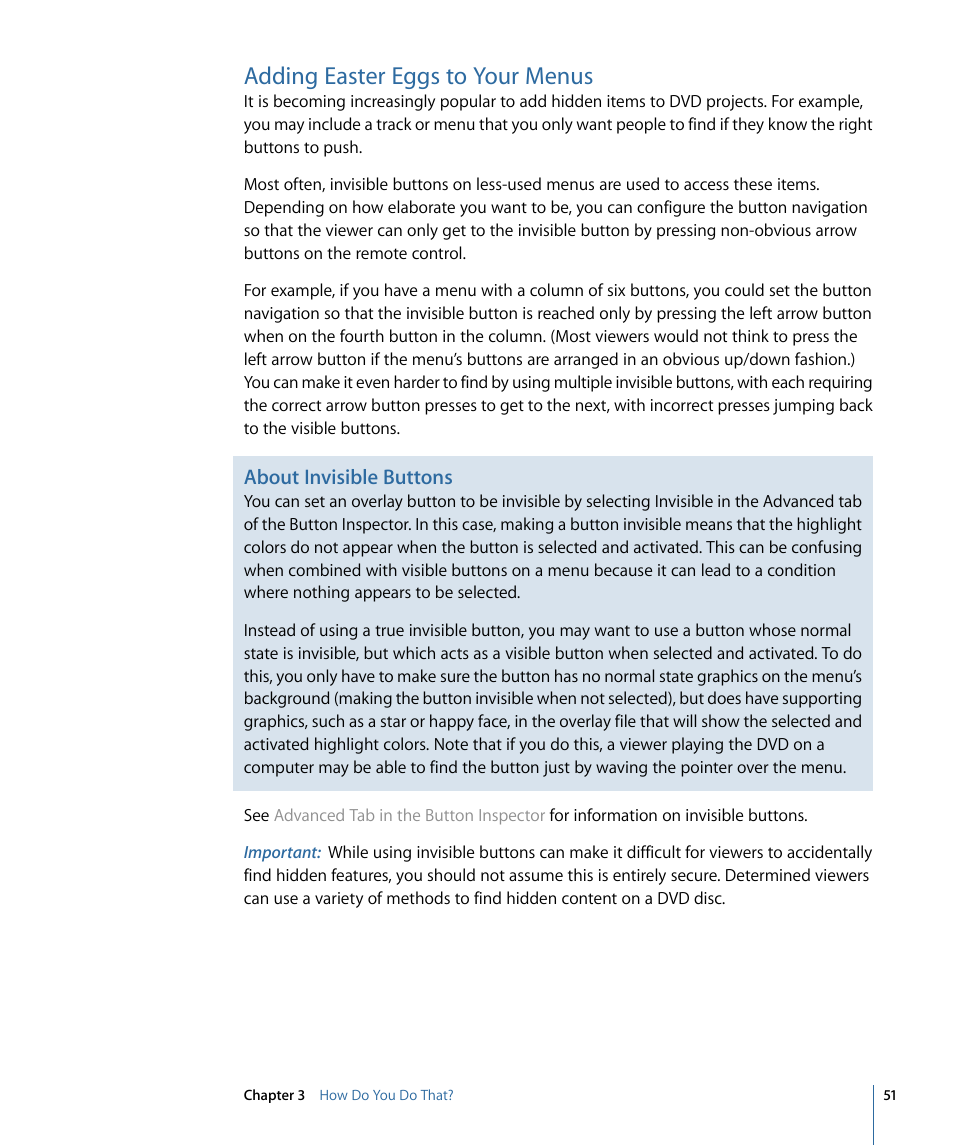 Adding easter eggs to your menus, About invisible buttons | Apple DVD Studio Pro 4 User Manual | Page 51 / 656