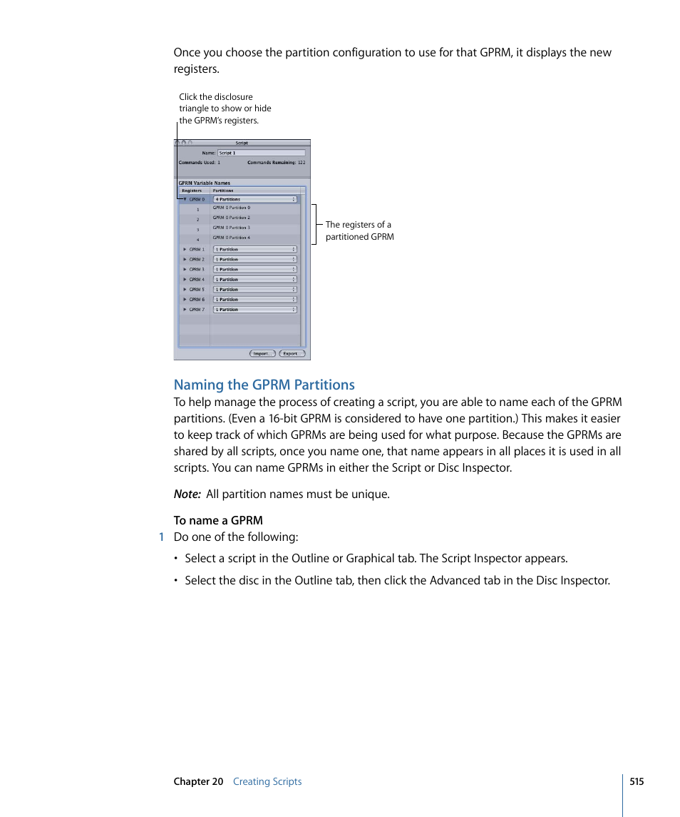 Naming the gprm partitions | Apple DVD Studio Pro 4 User Manual | Page 515 / 656