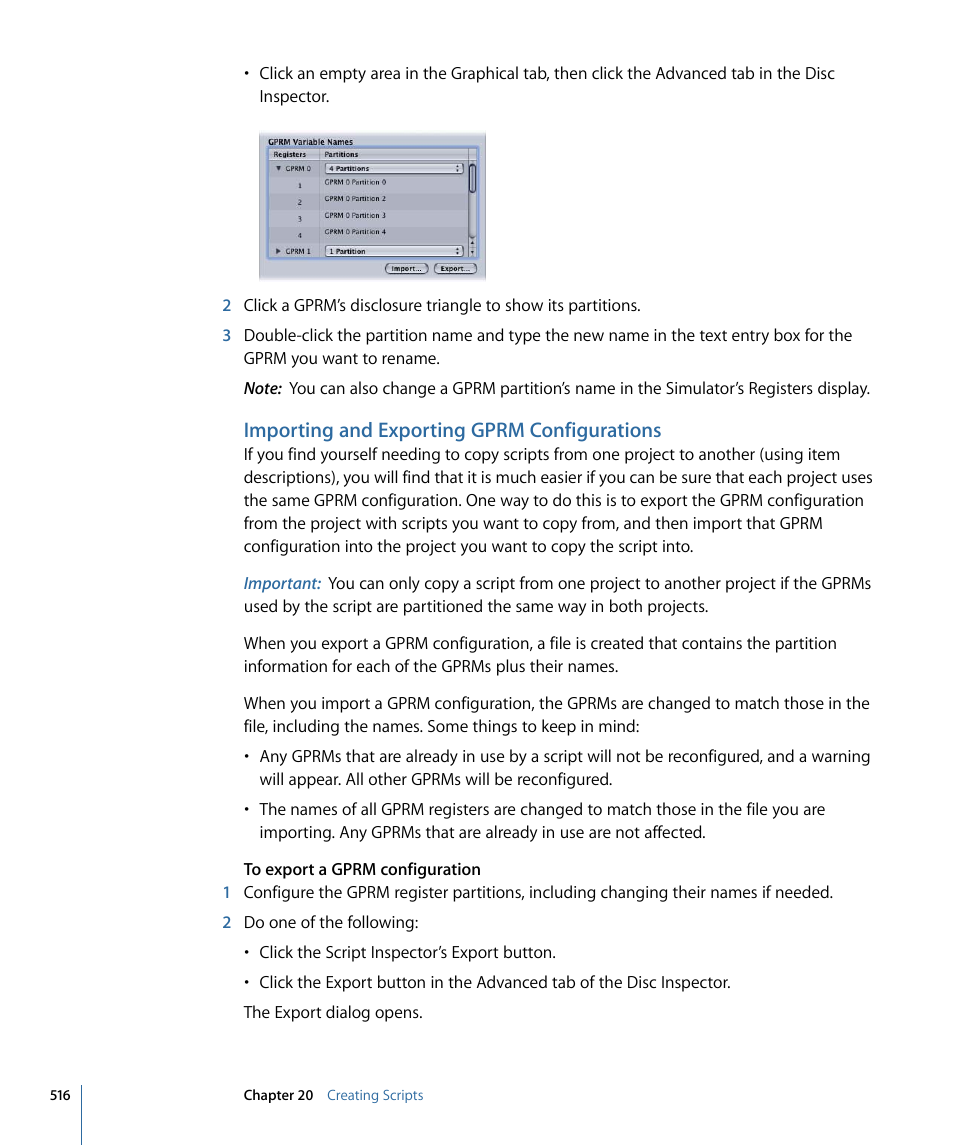Importing and exporting gprm configurations | Apple DVD Studio Pro 4 User Manual | Page 516 / 656
