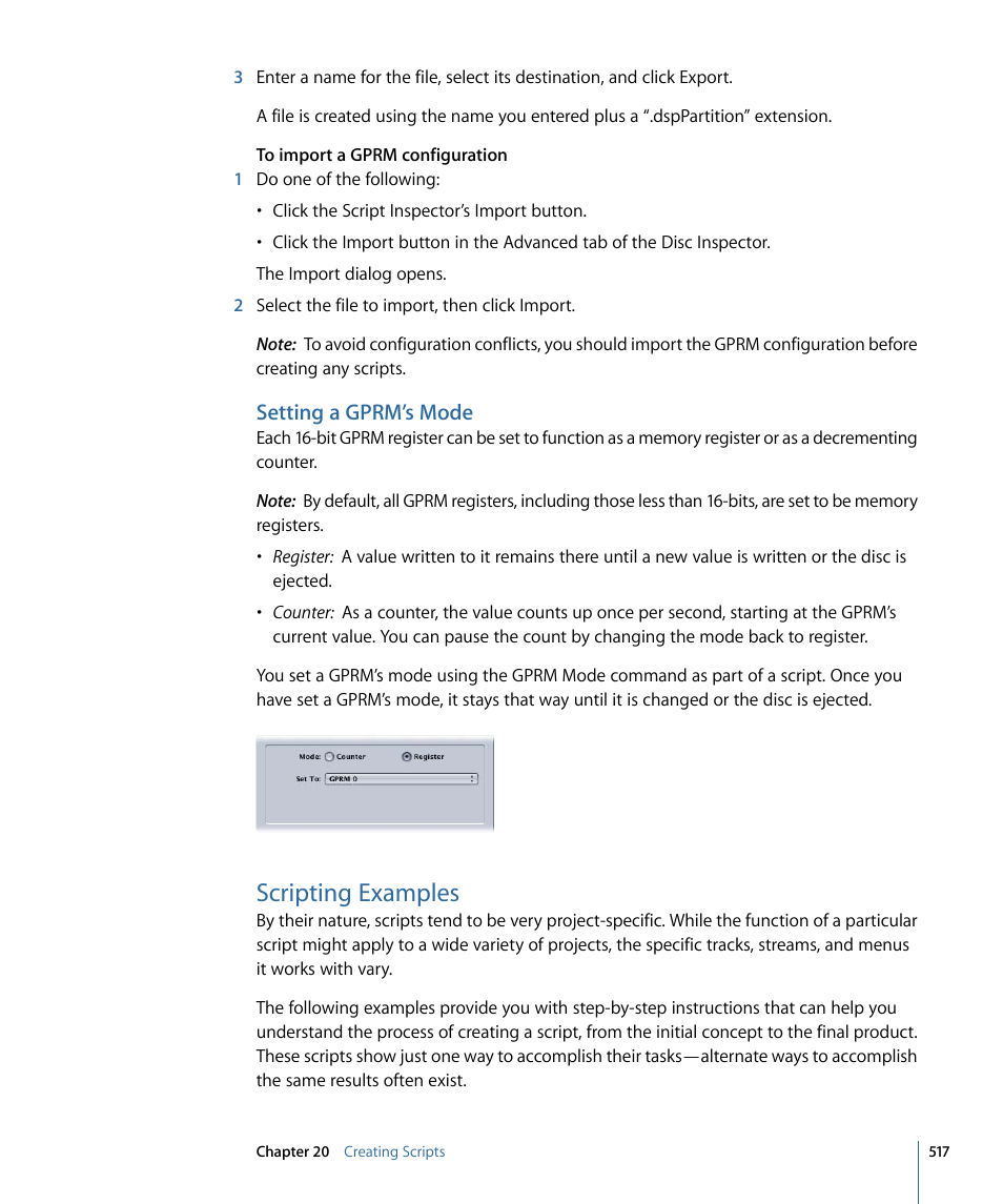 Setting a gprm’s mode, Scripting examples | Apple DVD Studio Pro 4 User Manual | Page 517 / 656