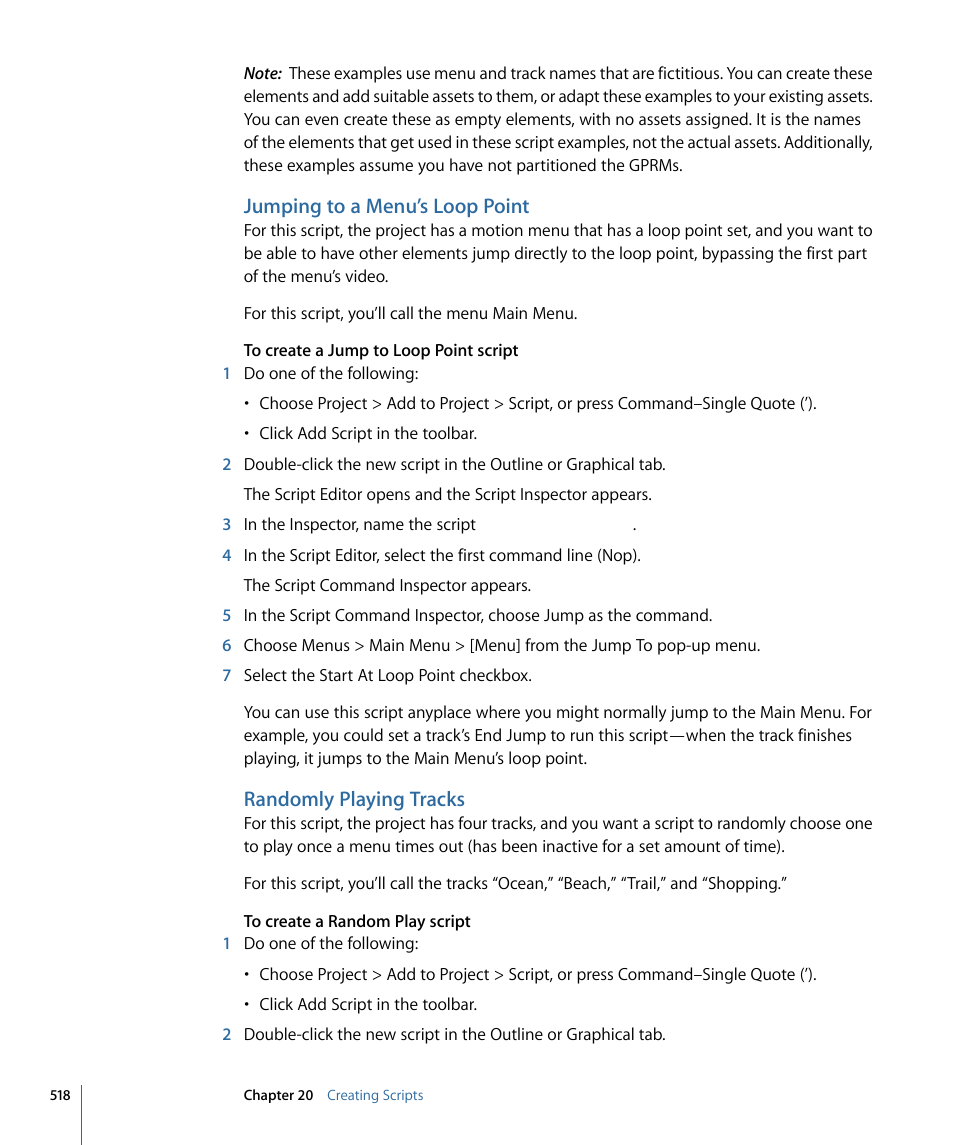 Jumping to a menu’s loop point, Randomly playing tracks, Jumping to a | Menu’s loop point | Apple DVD Studio Pro 4 User Manual | Page 518 / 656