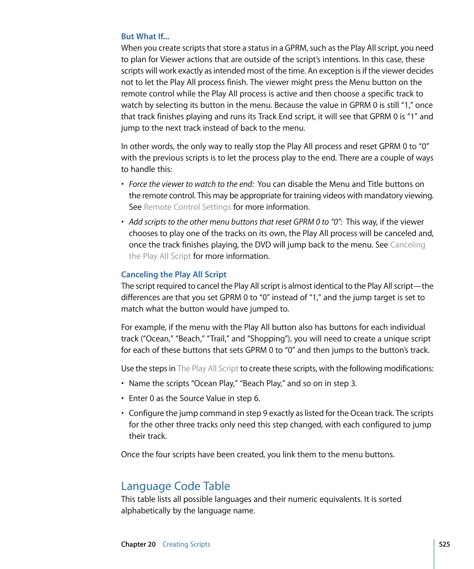 But what if, Canceling the play all script, Language code table | Apple DVD Studio Pro 4 User Manual | Page 525 / 656