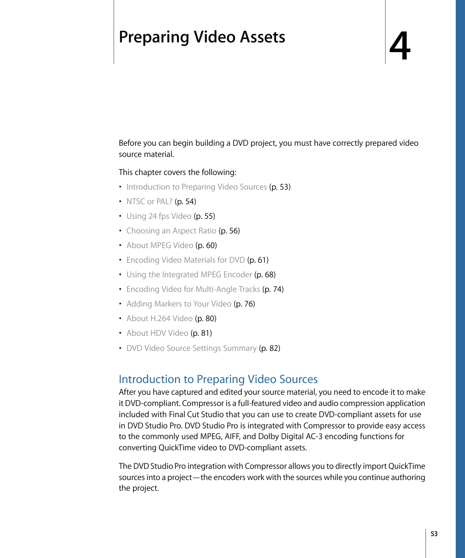 Preparing video assets, Introduction to preparing video sources | Apple DVD Studio Pro 4 User Manual | Page 53 / 656