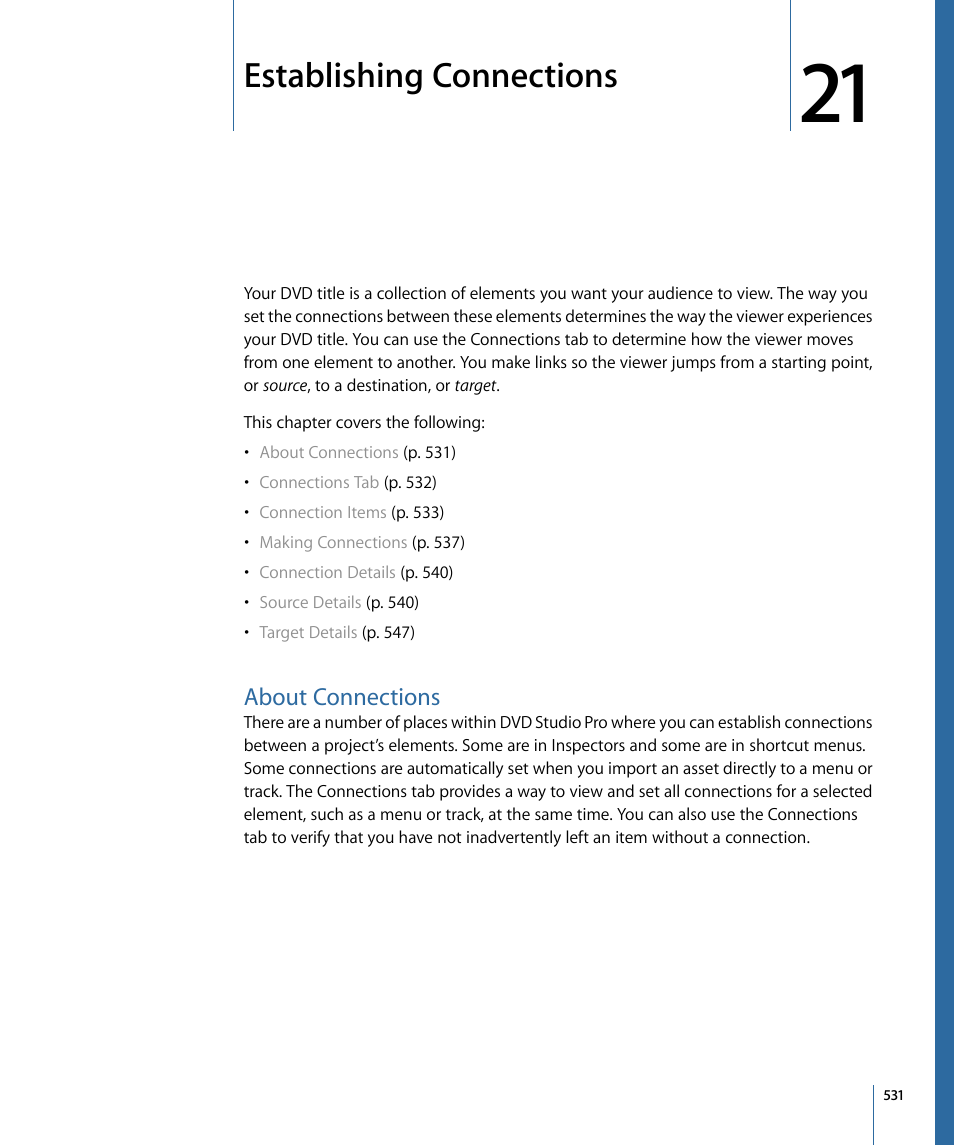 Establishing connections, About connections | Apple DVD Studio Pro 4 User Manual | Page 531 / 656