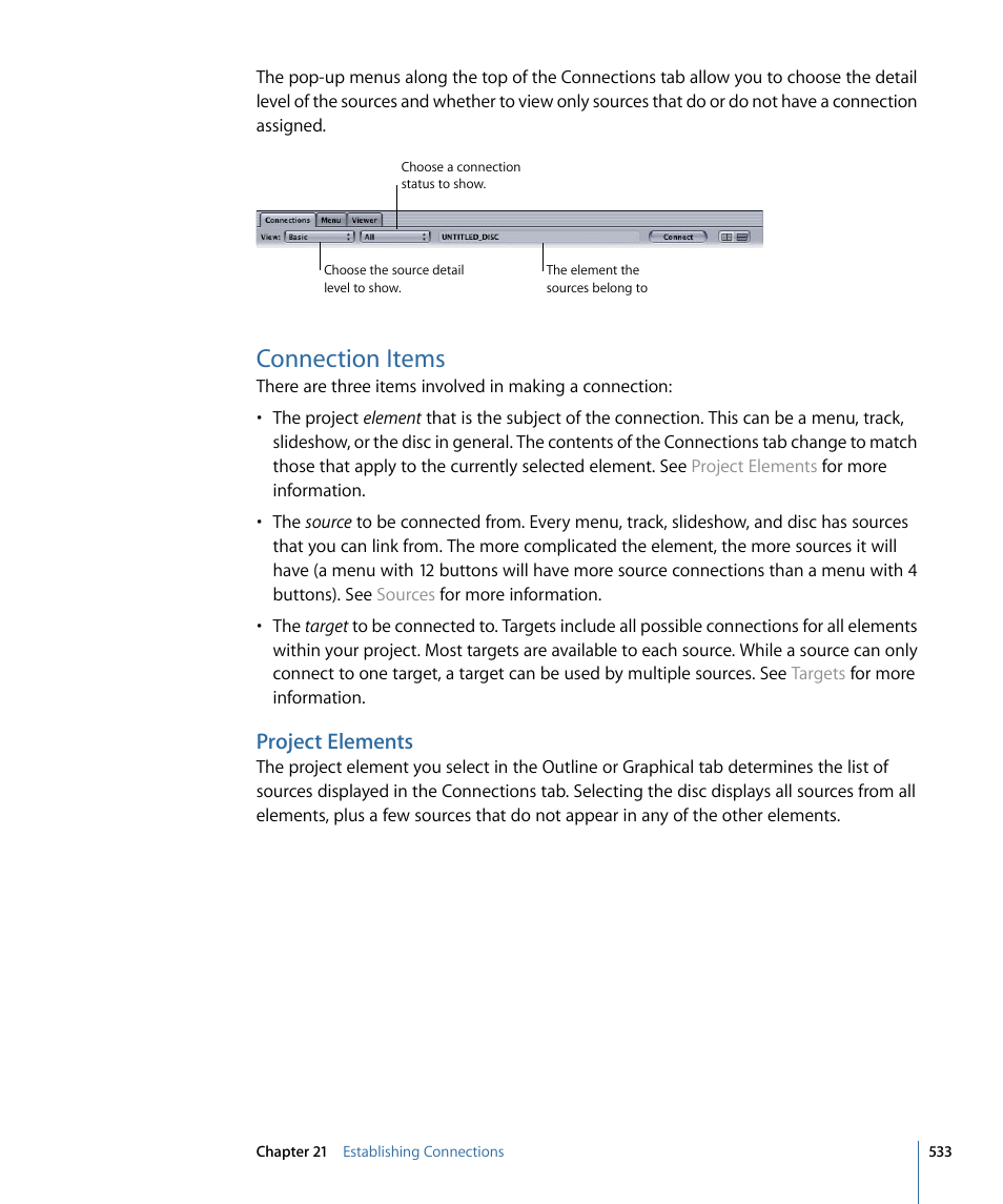 Connection items, Project elements | Apple DVD Studio Pro 4 User Manual | Page 533 / 656