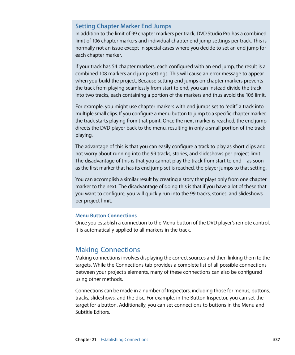 Menu button connections, Making connections, Setting chapter marker end jumps | Apple DVD Studio Pro 4 User Manual | Page 537 / 656