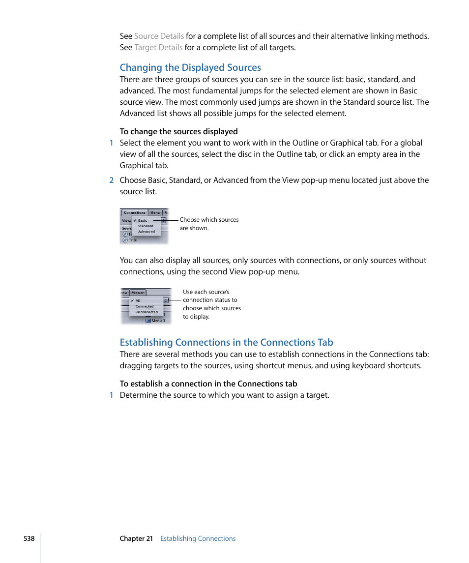 Changing the displayed sources, Establishing connections in the connections tab | Apple DVD Studio Pro 4 User Manual | Page 538 / 656