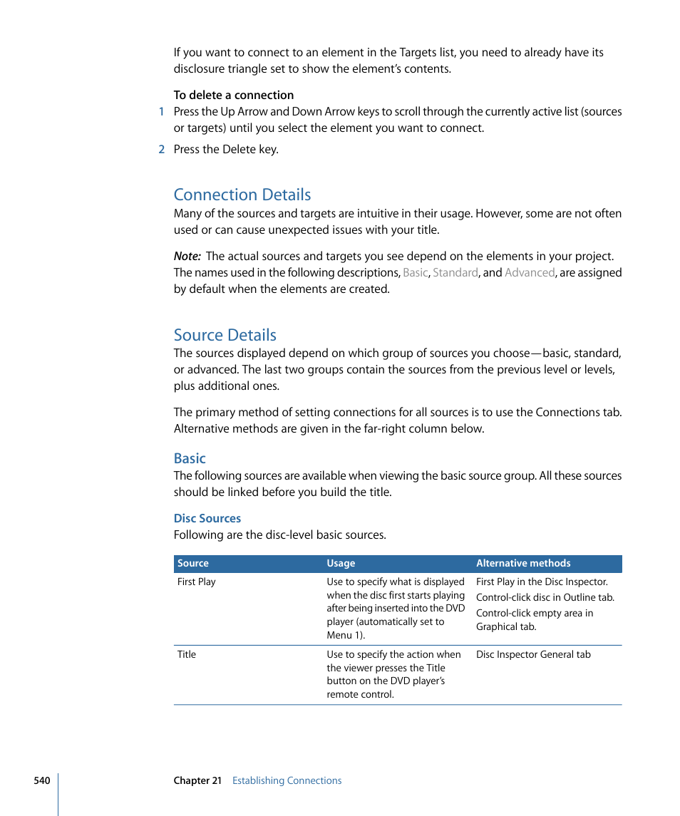 Connection details, Source details, Basic | Disc sources, Source, Details | Apple DVD Studio Pro 4 User Manual | Page 540 / 656