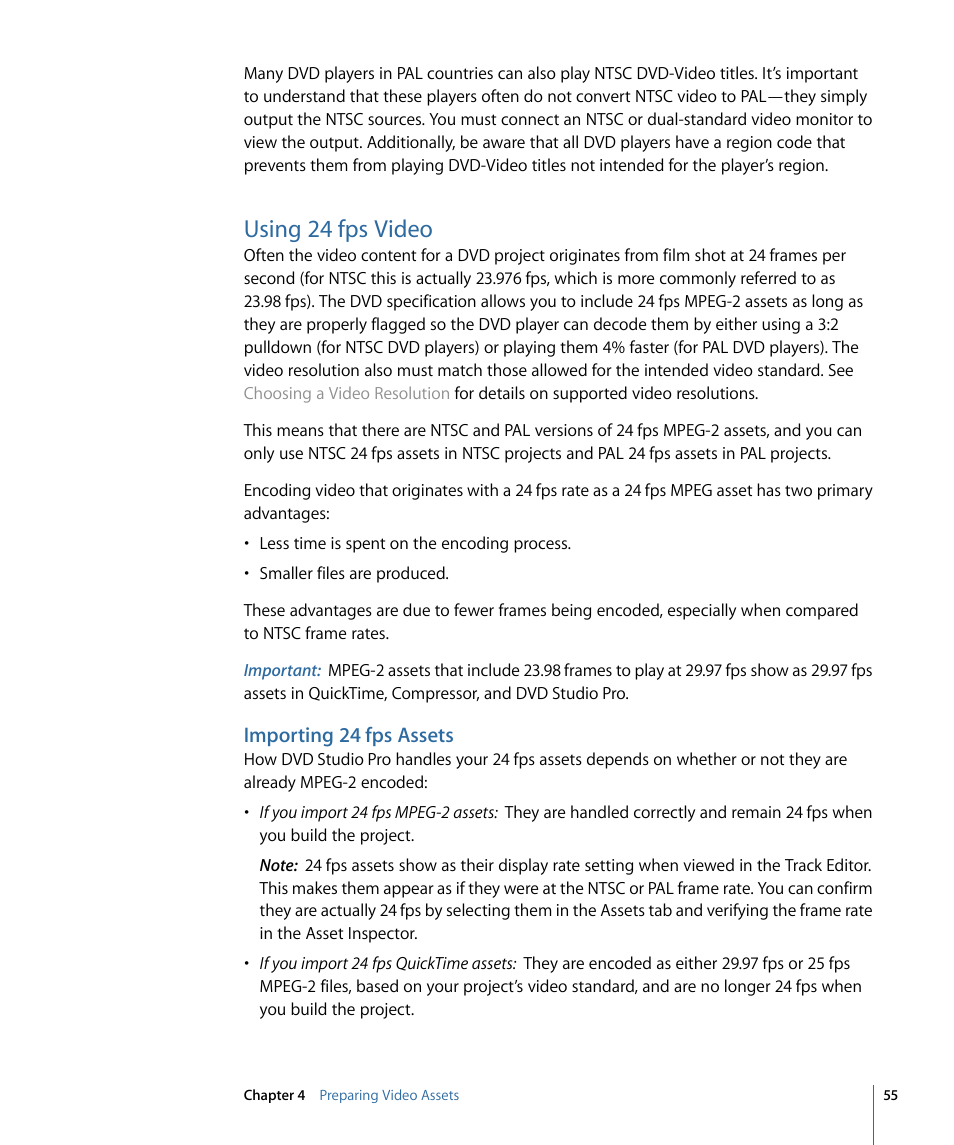Using 24 fps video, Importing 24 fps assets | Apple DVD Studio Pro 4 User Manual | Page 55 / 656