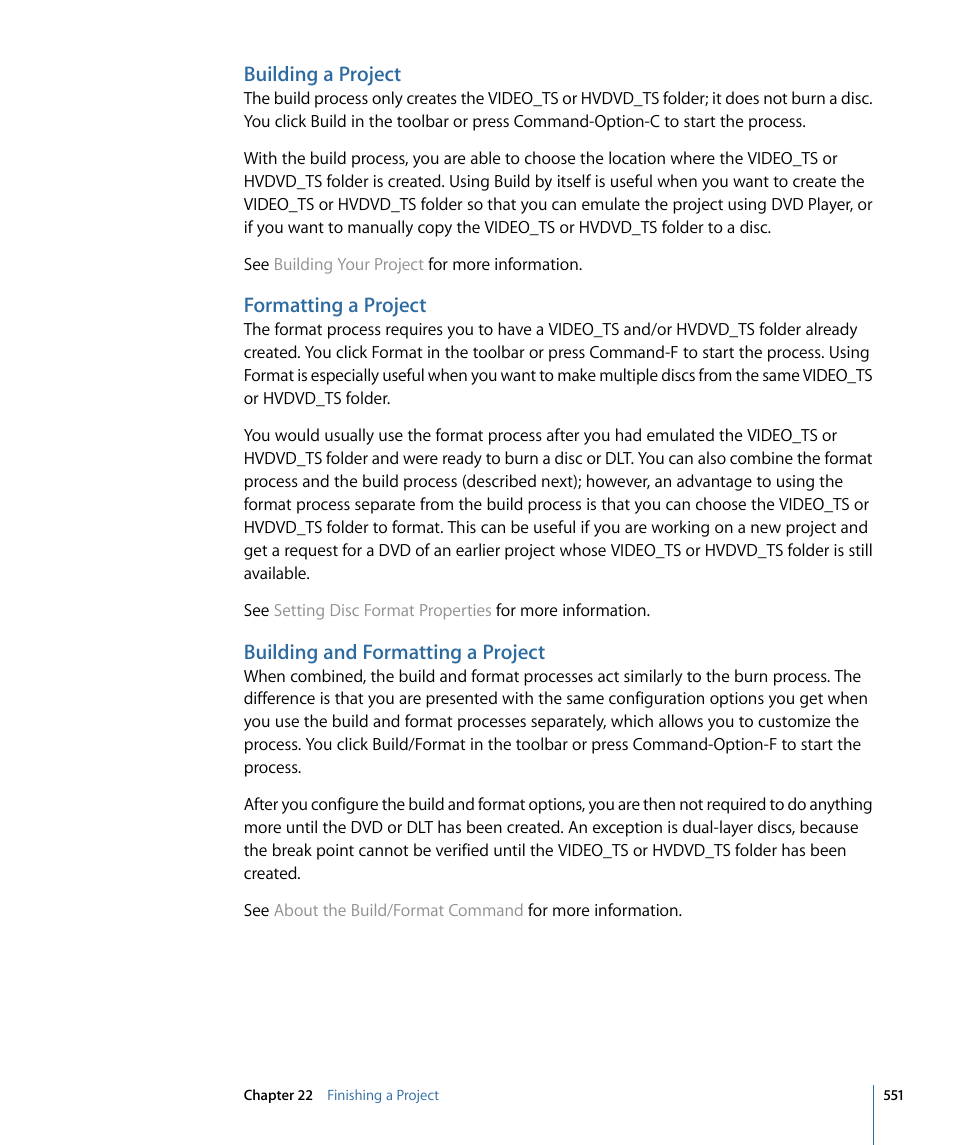 Building a project, Formatting a project, Building and formatting a project | Apple DVD Studio Pro 4 User Manual | Page 551 / 656