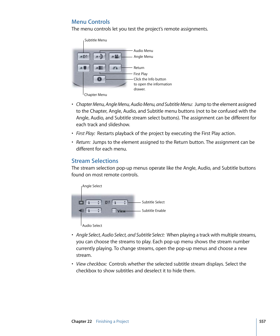 Menu controls, Stream selections | Apple DVD Studio Pro 4 User Manual | Page 557 / 656