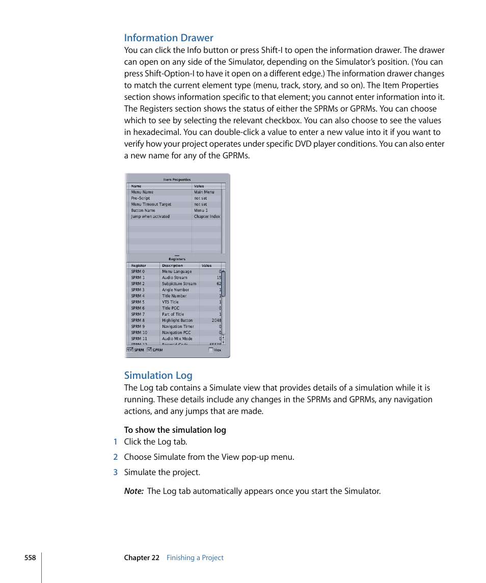 Information drawer, Simulation log | Apple DVD Studio Pro 4 User Manual | Page 558 / 656