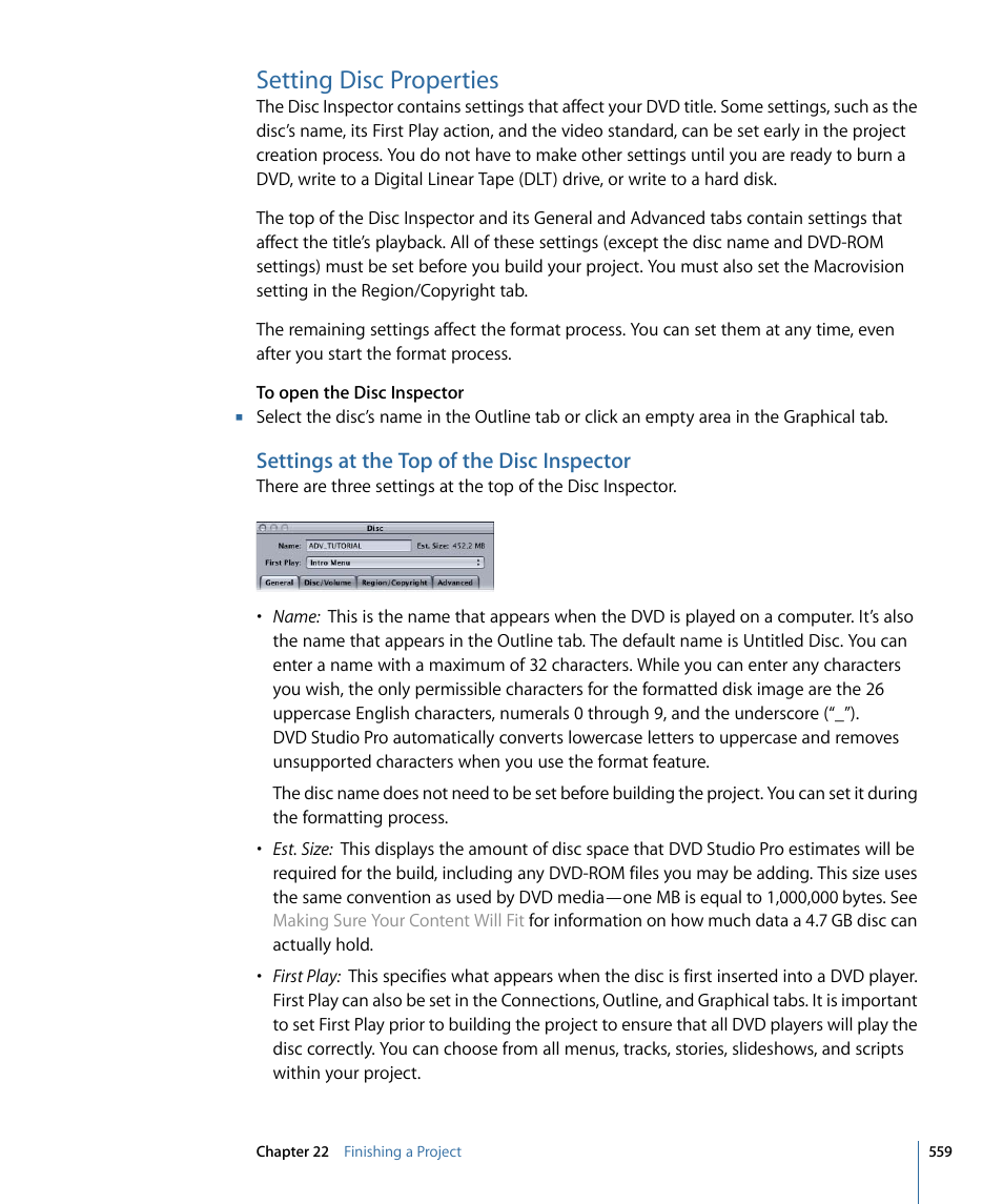 Setting disc properties, Settings at the top of the disc inspector, Settings at the top of the disc | Inspector | Apple DVD Studio Pro 4 User Manual | Page 559 / 656