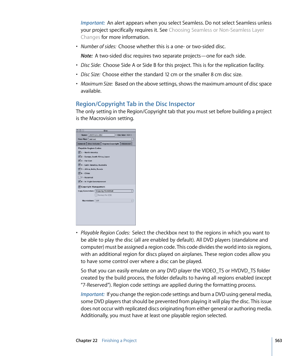 Region/copyright tab in the disc inspector | Apple DVD Studio Pro 4 User Manual | Page 563 / 656