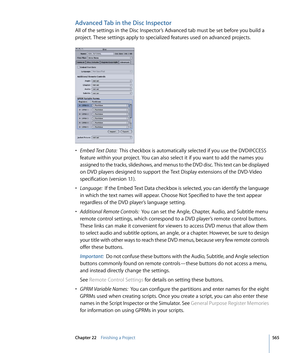 Advanced tab in the disc inspector | Apple DVD Studio Pro 4 User Manual | Page 565 / 656