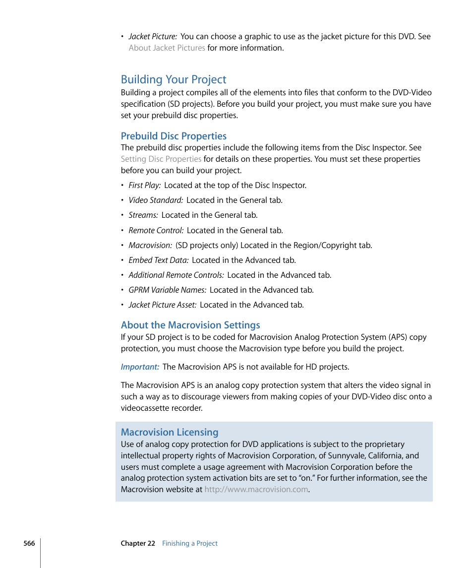 Building your project, Prebuild disc properties, About the macrovision settings | Macrovision licensing | Apple DVD Studio Pro 4 User Manual | Page 566 / 656