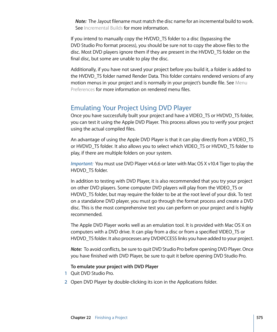 Emulating your project using dvd player, Emulating your project, Using dvd player | Apple DVD Studio Pro 4 User Manual | Page 575 / 656