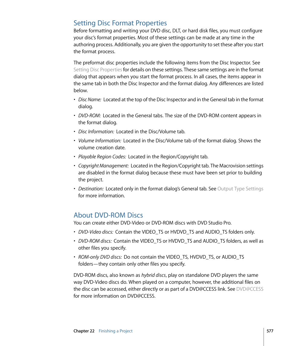 Setting disc format properties, About dvd-rom discs | Apple DVD Studio Pro 4 User Manual | Page 577 / 656