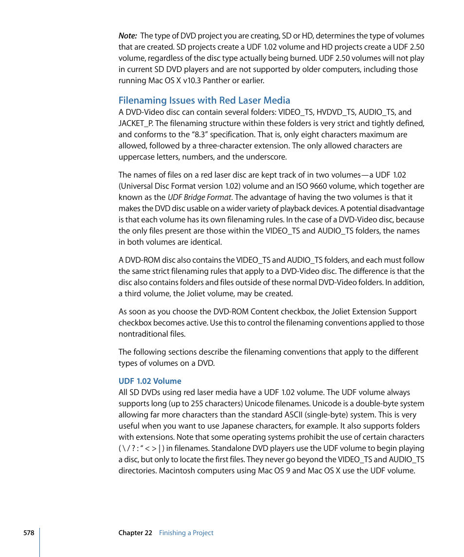 Filenaming issues with red laser media, Udf 1.02 volume | Apple DVD Studio Pro 4 User Manual | Page 578 / 656