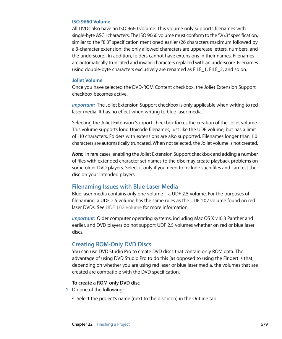 Iso 9660 volume, Joliet volume, Filenaming issues with blue laser media | Creating rom-only dvd discs | Apple DVD Studio Pro 4 User Manual | Page 579 / 656