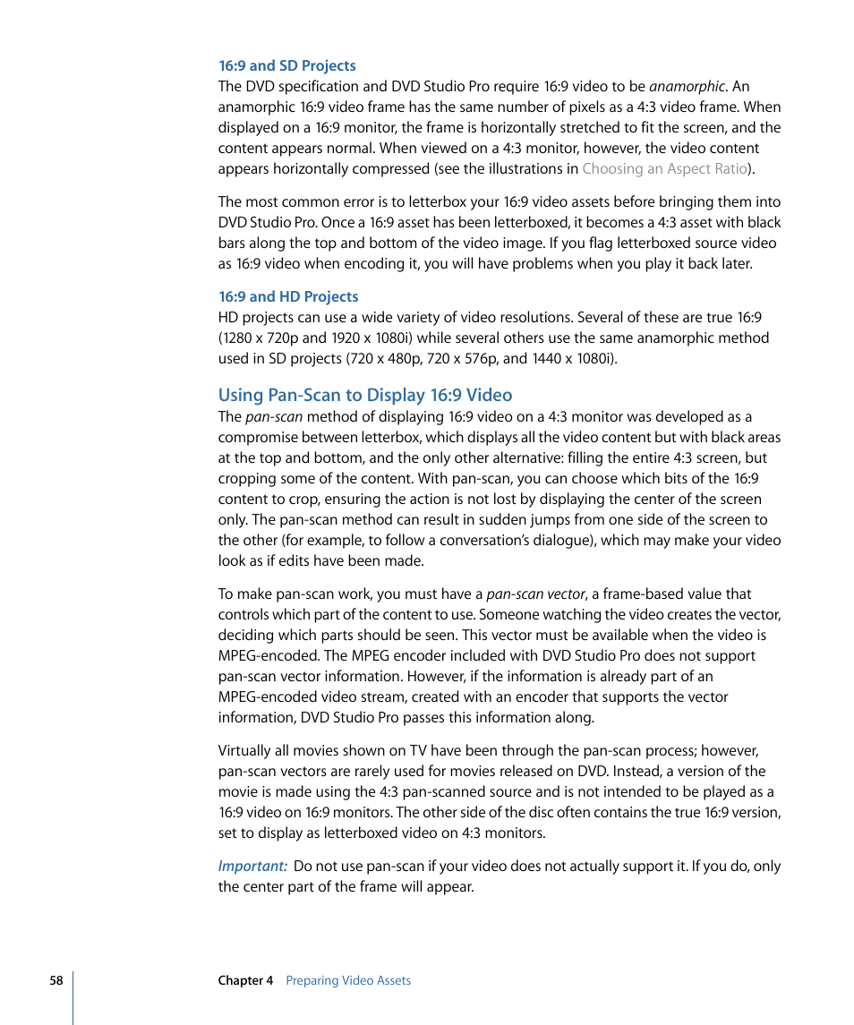 9 and sd projects, 9 and hd projects, Using pan-scan to display 16:9 video | Apple DVD Studio Pro 4 User Manual | Page 58 / 656